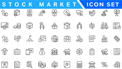 Stock market icon set. Containing stocks, stock exchange, financial goal, shares, investment, bull market, bear market and investment icons. Solid icon collection. Vector illustration