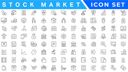 Stock market icon set. Containing stocks, stock exchange, financial goal, shares, investment, bull market, bear market and investment icons. Solid icon collection. Vector illustration