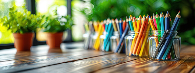 Colorful classroom scene with vibrant school supplies