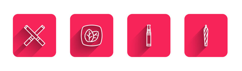 Obraz premium Set line Cigarette, Tobacco leaf, Electronic cigarette and Marijuana joint, spliff with long shadow. Red square button. Vector