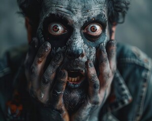 A portrait of a horrified man in Halloween face paint, clutching his face in terror, perfect for eerie subjects.