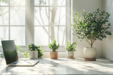 Laptop plants sunlit desk peaceful home workspace