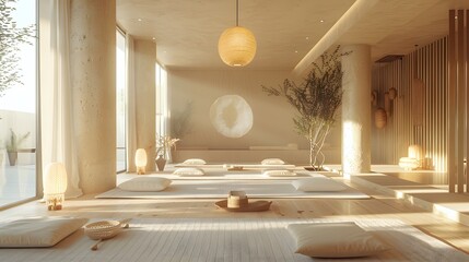 Serene Minimalist Yoga Studio with Natural Light and Earthy Tones