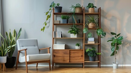 Shelf unit with artificial plants and armchair in living room. copy space for text.