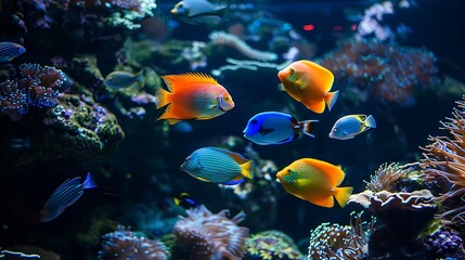 Naklejka premium Colorful sea underwater fish in coral reef Aquarium with panoramic view of tropical sea natural landscape. AI generated