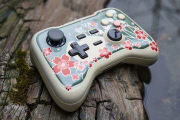 A close-up of a video game controller with a Japanese cherry blossom design