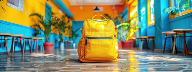 Colorful backpack on floor modern school hallway