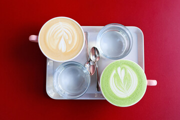 Cappuccino and matcha latte aesthetic