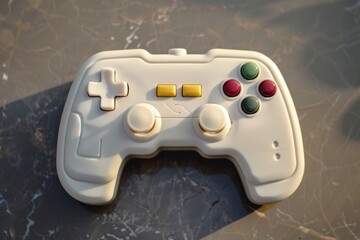 A white gaming controller with colored buttons rests on a beige surface