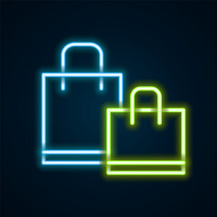 Glowing neon line Paper shopping bag icon isolated on black background. Package sign. Colorful outline concept. Vector