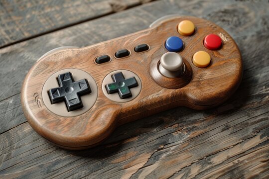 A close-up shot of a wooden retro style game controller on a rustic wooden table
