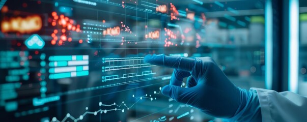 Fototapeta premium Holographic microbiome analysis, advanced biotechnological research, futuristic lab, digital interface