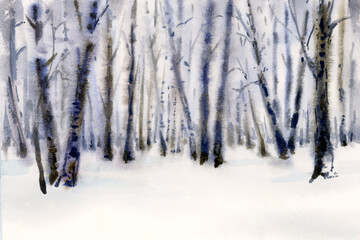 Winter  snowy forest background. Watercolor illustration.