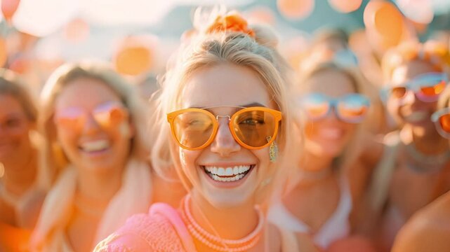 Group of young women enjoying a summer day party with sunshine. Festive atmosphere, celebration, happiness, joy.