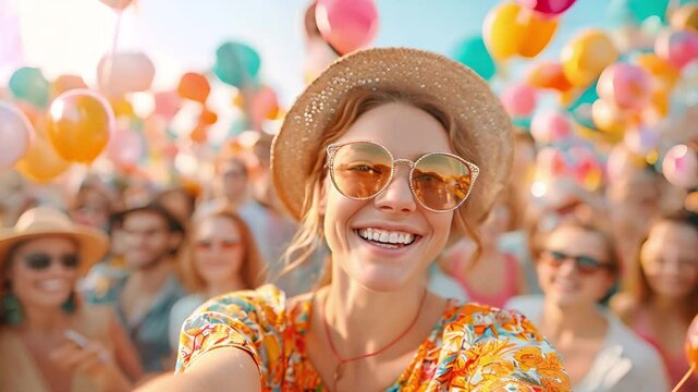 Group of young women enjoying a summer day party with sunshine. Festive atmosphere, celebration, happiness, joy.