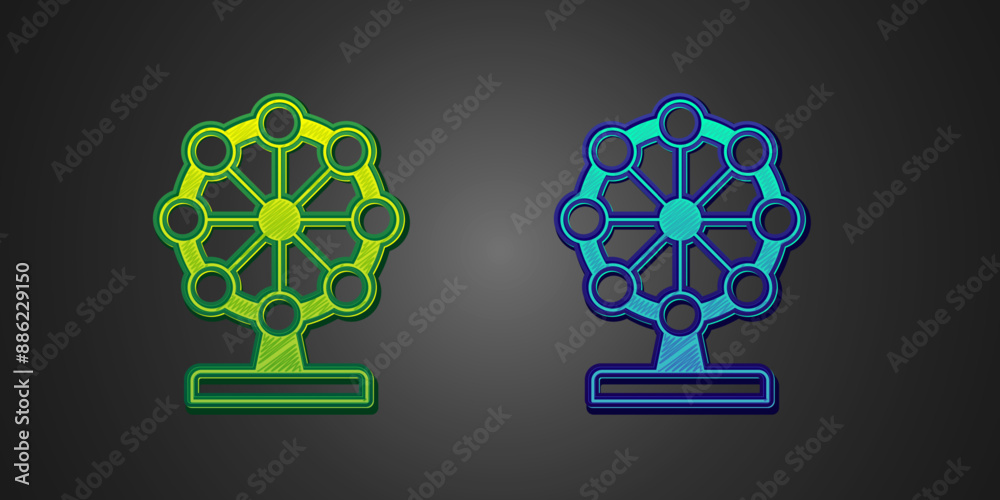 Canvas Prints Green and blue Ferris wheel icon isolated on black background. Amusement park. Childrens entertainment playground, recreation park. Vector