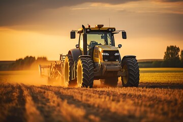 Fototapeta premium Tractor working on the field at sunset. Tractor in the field.