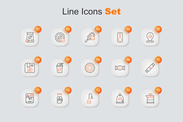 Set line French press, Bag of coffee beans, Tea bag, Electric grinder, Coffee machine, Sugar stick packets, Candy and Donut icon. Vector