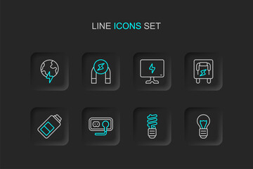 Set line Creative lamp light idea, LED bulb, Electrical outlet, Battery charge, panel, Smart Tv, Magnet and Global planet with thunderbolt icon. Vector