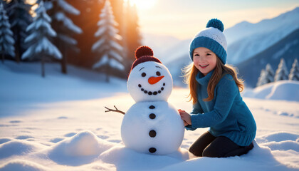 Girl play with snowman