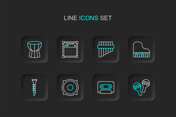 Set line Maracas, Retro audio cassette tape, Stereo speaker, Clarinet, Grand piano, Pan flute, Guitar amplifier and African darbuka drum icon. Vector