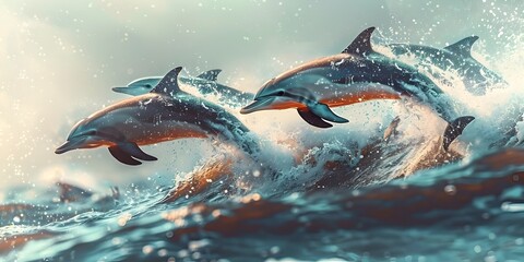 Naklejka premium Vibrant Pods of Dolphins Leaping Through Crashing Ocean Waves