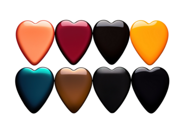 Eight Shiny Hearts in a Rainbow of Colors on a White or Clear Surface PNG Transparent Background.
