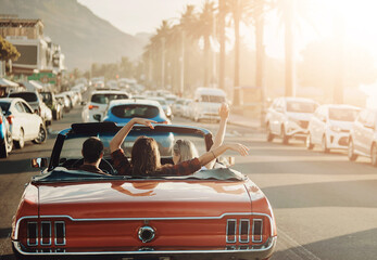 Adventure, city and friends in car for road trip by sunset for vacation, holiday or journey....