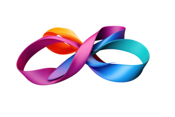A Colorful Intertwined Ribbon Loop Creates an Infinity Symbol on a White or Clear Surface PNG Transparent Background.