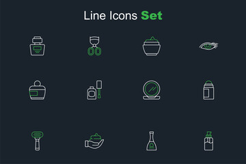 Set line Bottle of liquid soap, nail polish, Shaving foam on hand, razor, Deodorant roll, Makeup powder with mirror, and Cream lotion cosmetic tube icon. Vector