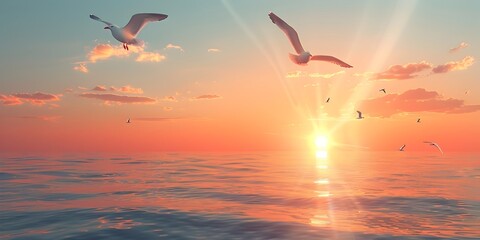 Fototapeta premium Tranquil sunset over the ocean with seagulls soaring through the warm glowing sky