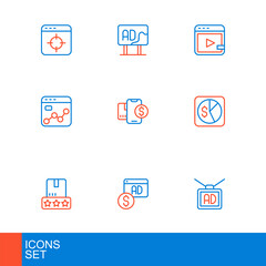 Set line Advertising, Consumer product rating, Market analysis, Mobile with dollar, Video advertising and icon. Vector