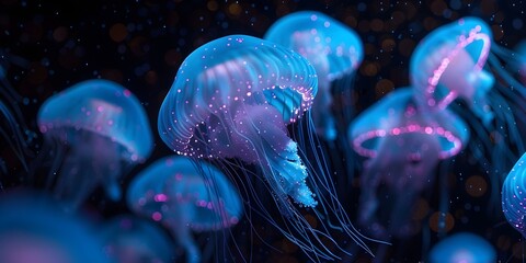 Obraz premium Captivating Bioluminescent Plankton Glow in the Ethereal Underwater Wonderland