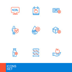 Set line Apple, Sports nutrition proteine, Lactose intolerance, No sugar free, Healthy lifestyle, Palm oil, GMO and Diet plan icon. Vector