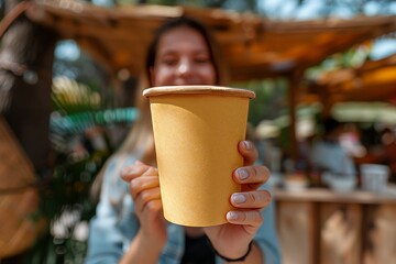 Young Woman Holds a Blank Yellow Disposable Cup, Ideal Template for Beverage Branding and Mockups