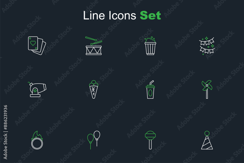 Poster Set line Party hat, Lollipop, Balloons with ribbon, Circus fire hoop, Pinwheel toy, Paper glass water, Ice cream waffle and Cannon icon. Vector