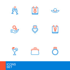 Set line Diamond engagement ring, Handbag, Martini glass, Calendar with 8 March, Female gender symbol, Heart, Elegant women hat and icon. Vector
