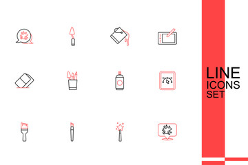 Set line Paint spray, Magic wand, brush, Computer with design program, can, Pencil case stationery and Eraser or rubber icon. Vector