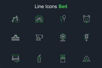 Set line Circus tent, Magician hat and rabbit ears, Paper glass with water, Fast street food cart, hand mirror, Ferris wheel, Cannon and Roller coaster icon. Vector