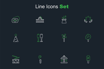 Set line Ice cream, Attraction carousel, Birthday party horn, Drum with drum sticks, Cotton candy, Pinwheel toy, Bowling pin and Party hat icon. Vector