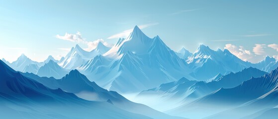 A flat design illustration featuring a serene mountain landscape with snow-capped peaks and a clear sky. The minimalist style ensures the scene remains uncluttered, providing ample copy space for