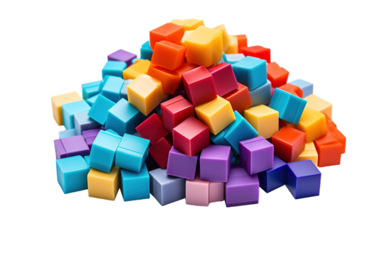 A Colorful Heap of Playful Cubes on a White or Clear Surface PNG Transparent Background.