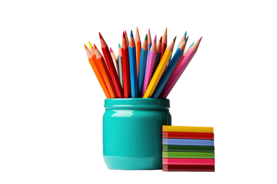 A Turquoise Jar Filled With Vibrant Colored Pencils and a Stack of Colorful Crayons on a White or Clear Surface PNG Transparent Background.