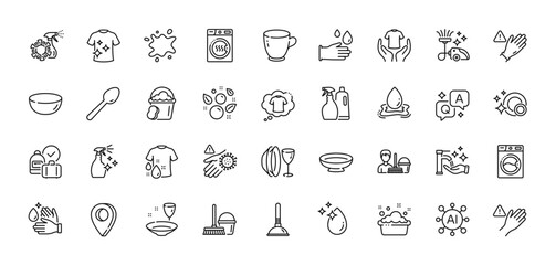 Cleaning service, Dish plate and Wash hands line icons pack. AI, Question and Answer, Map pin icons. Washing hands, Dryer machine, Dish web icon. Vector