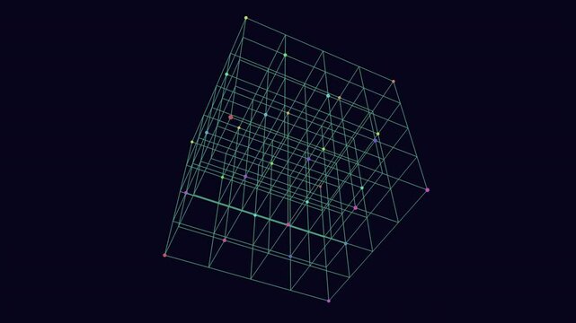 A 3D cube with a grid-like pattern created by lines and dots floats in space against a black background, evoking a sense of simplicity and minimalism