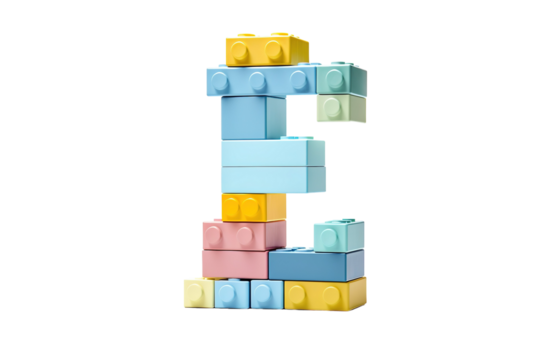 A Colorful Letter E Constructed From Stacked Building Blocks on a White or Clear Surface PNG Transparent Background.