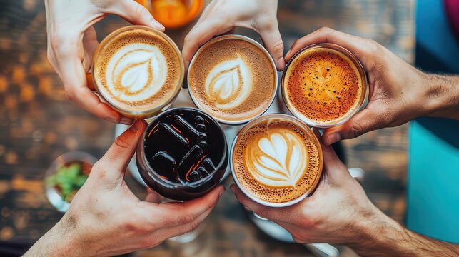 Group of friends enjoying coffee on National Coffee Day, copy space, socializing and relaxation, dynamic, blend mode, outdoor patio backdrop