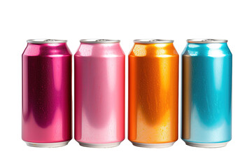 Four Colorful Aluminum Cans Arranged in a Row Against a White Background on a White or Clear Surface PNG Transparent Background.