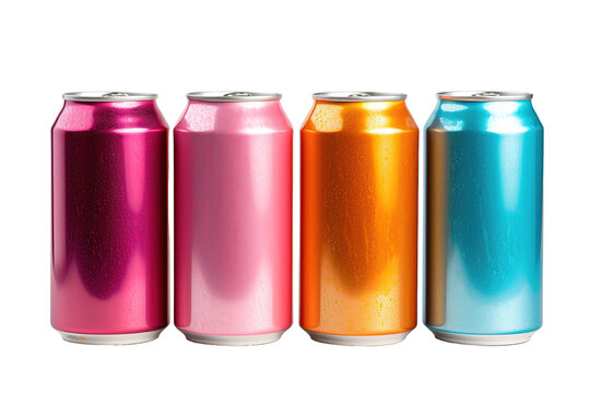 Four Colorful Aluminum Cans Arranged in a Row Against a White Background on a White or Clear Surface PNG Transparent Background.