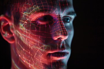 Close-up of man face with red and blue lines, possibly during facial scan